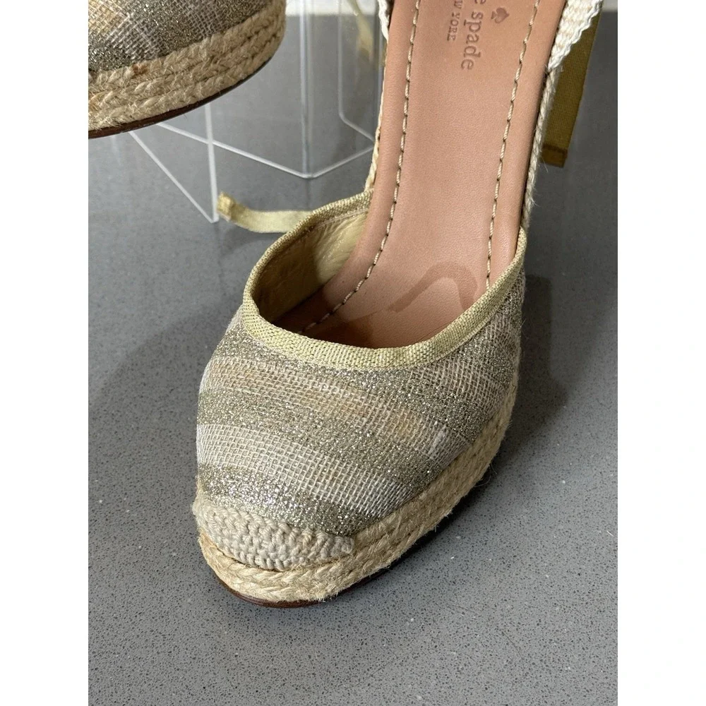 Kate Spade Gold Tan Espadrille Wedge Ankle Tie Sandals Shoes Women's Size 8M EUC